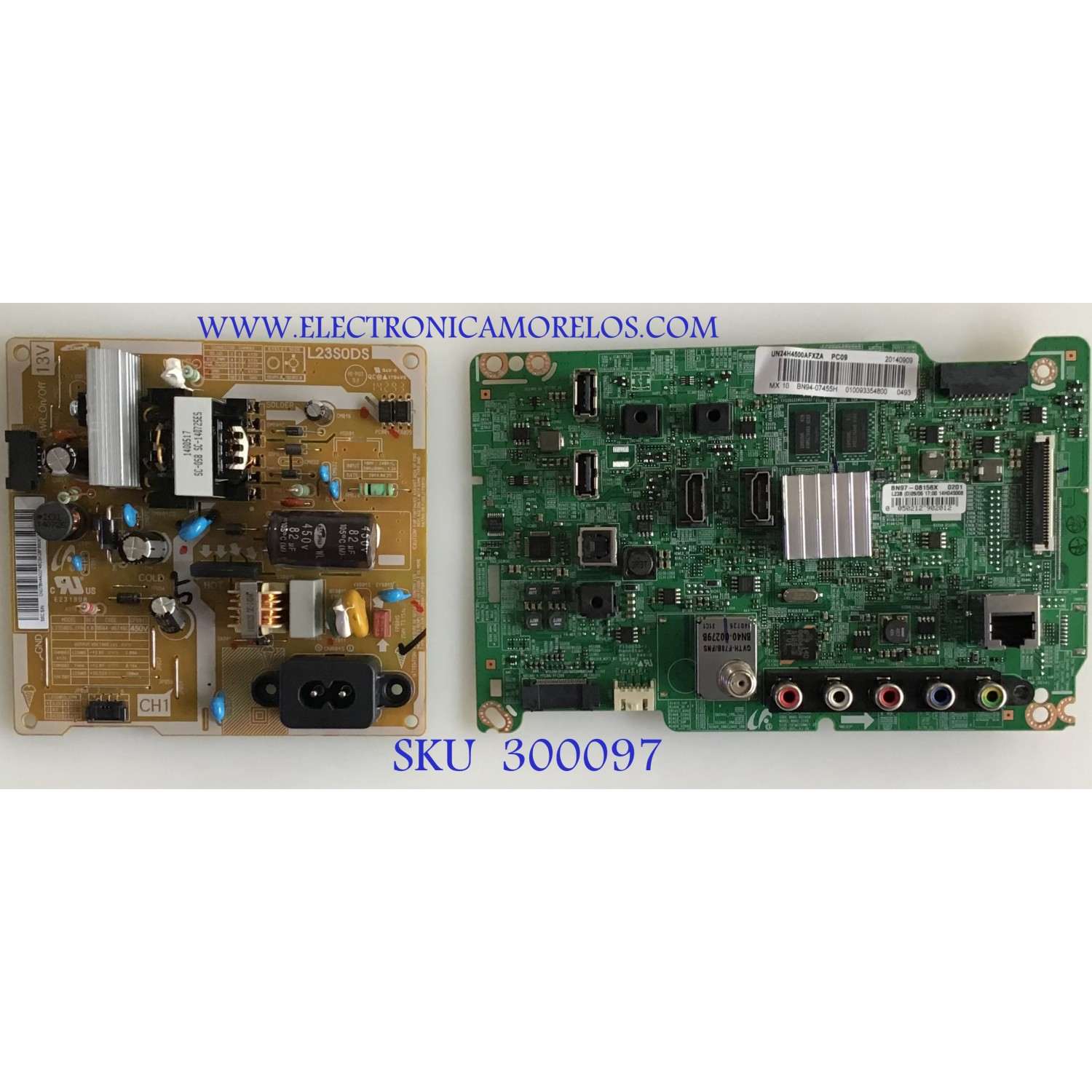 KIT DE TARJETAS PARA TV SAMSUNG / NUMERO DE PARTE MAIN BN94-07455H / BN41-02245A / BN97-10588A / BN9407455H / FUENTE BN4400746C / BN44-00746C / L23S0DS_EPN / PANEL V236BJ1-LE2 REV.C5 / MODELO UN24H4500 / UN24H4500AFXZA IP01